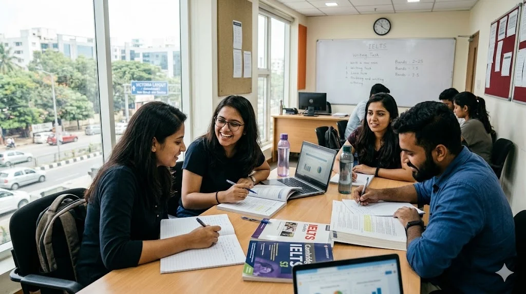 The Ultimate Guide to IELTS Coaching in Bangalore 2026 IELTS coaching in Bangalore classroom training session with students studying together.